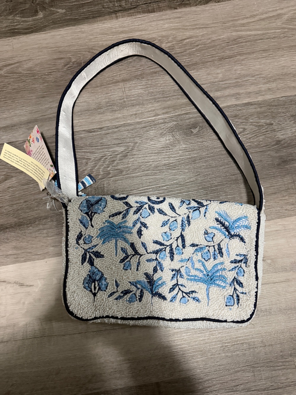 Made in India • Blue and White Beaded Palm Tree Shoulder Bag - Picture 5 of 6